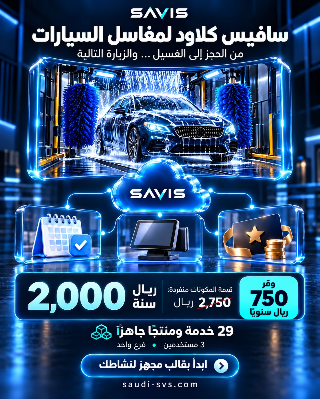 سافيس كلاود لمغاسل السيارات: 29 خدمة ومنتجًا جاهزًا وثلاثة مستخدمين بسعر 2000 ريال سنويًا وتوفير 750 ريال